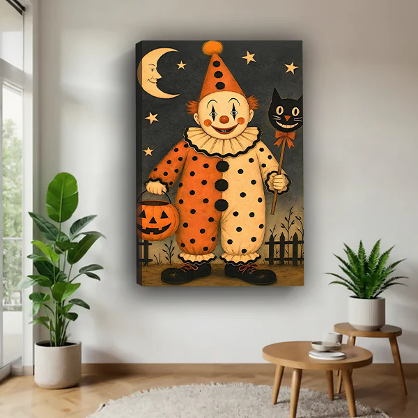 Woman holding black-framed Halloween clown canvas wall art featuring a polka-dot costume, pumpkin bucket, and crescent moon.