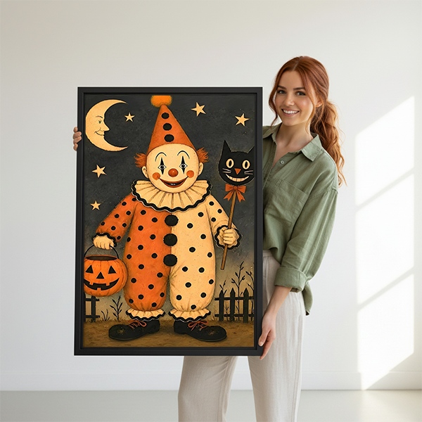 Vintage Halloween clown canvas wall art in a black frame beside a bed with rust bedding and a woven headboard.