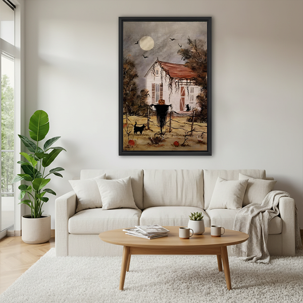 Black-framed Halloween cottage canvas wall art featuring pumpkins, tangled branches, and a pale moon displayed between houseplants.