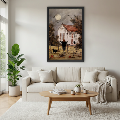 Black-framed Halloween cottage canvas wall art featuring pumpkins, tangled branches, and a pale moon displayed between houseplants.