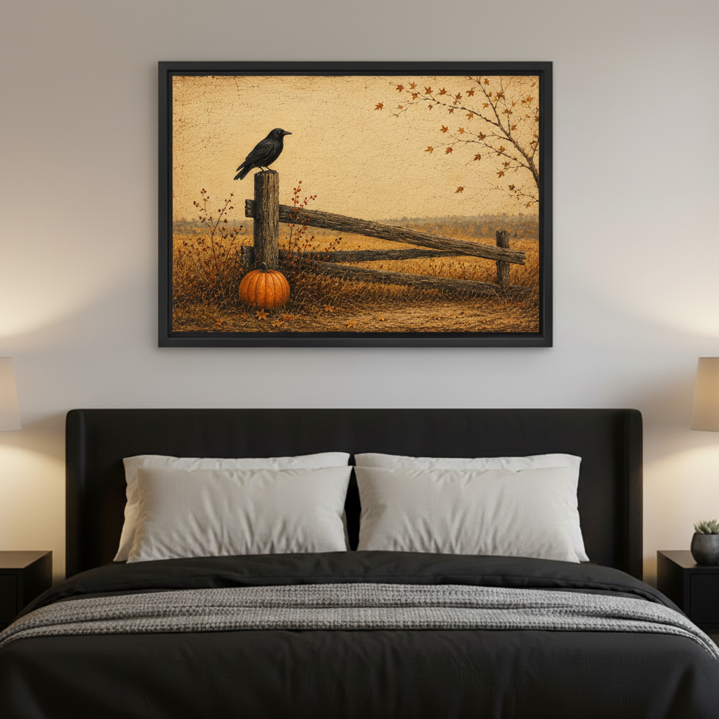 Folk art black crow on wooden fence post beside orange pumpkin in golden autumn meadow framed canvas above dark upholstered bed with white pillows