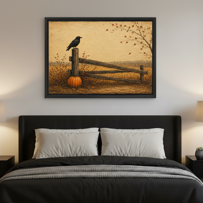 Folk art black crow on wooden fence post beside orange pumpkin in golden autumn meadow framed canvas above dark upholstered bed with white pillows