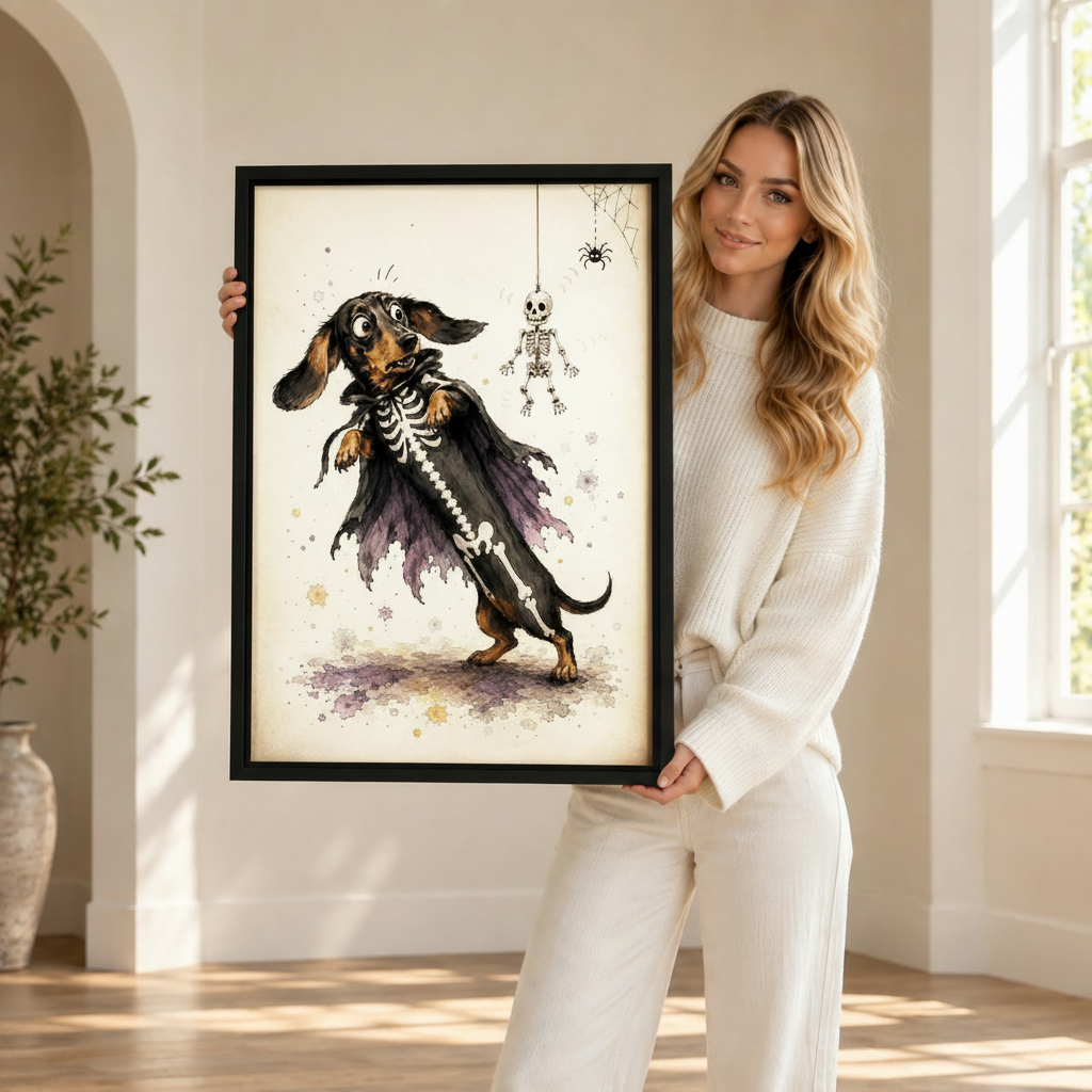 Woman holding whimsical Halloween dachshund framed canvas wall art with skeleton and spider web design