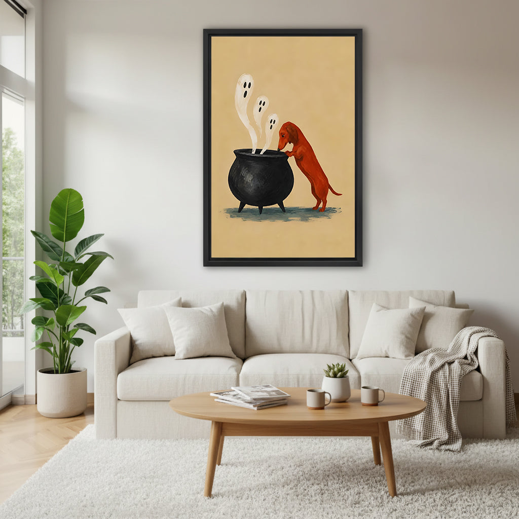 Halloween dachshund cauldron ghost cartoon rust red wiener dog three white ghosts black iron cauldron sandy background black framed canvas wall art above wide cream linen sofa with oval wood coffee table succulent and gray houndstooth throw