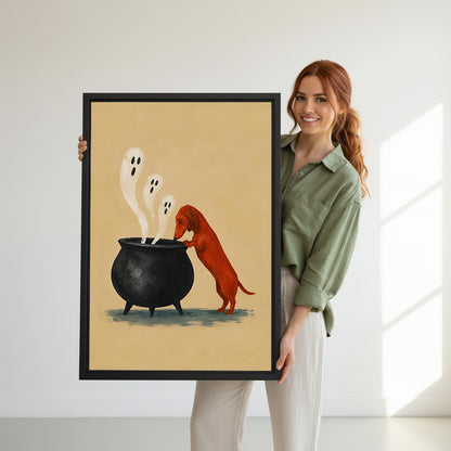 Smiling redhead woman holding large Halloween dachshund cauldron ghost cartoon rust red wiener dog three white ghosts black cauldron sandy background black framed canvas wall art size reference in bright white room with natural side light