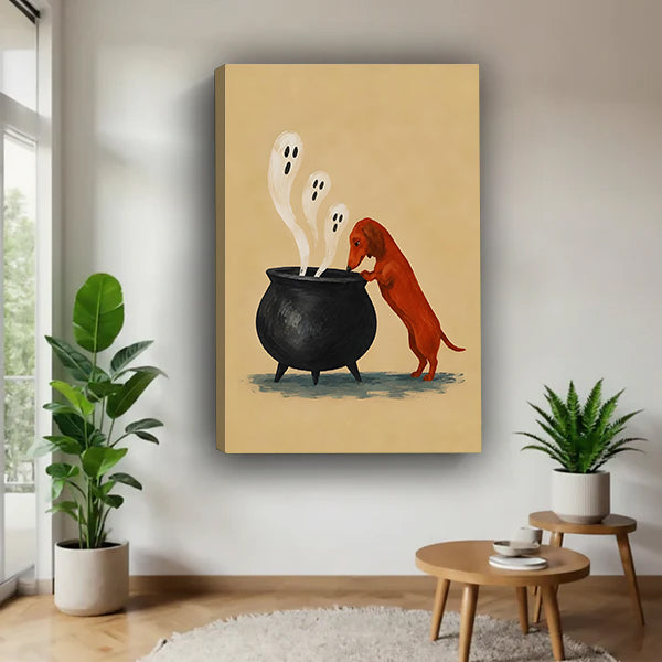 Halloween dachshund cauldron ghost cartoon rust red wiener dog sandy background three white ghosts black cauldron gallery wrap canvas wall art on white wall beside monstera plant and round tiered wood side table