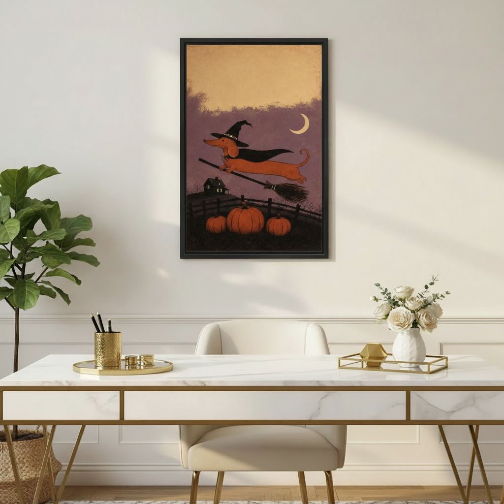Dachshund in black witch hat flying on broomstick with pumpkins and crescent moon framed canvas above marble gold writing desk with white roses