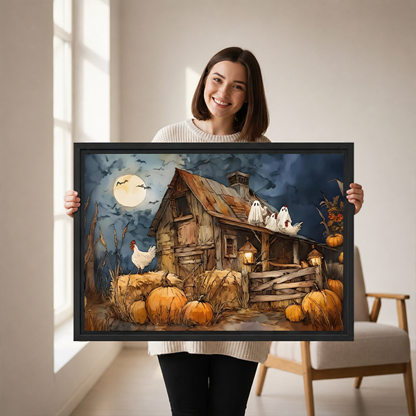 Framed Halloween farmhouse canvas wall art showing a moonlit barn and pumpkins hangs above a white bed.