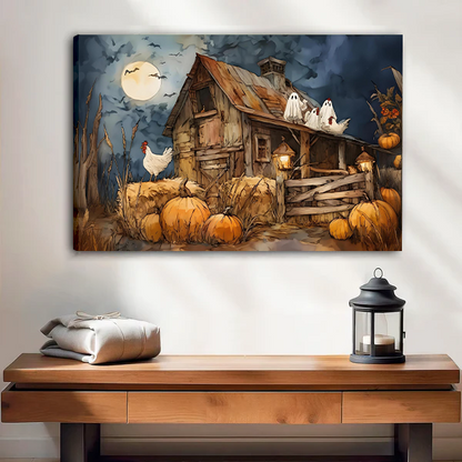 Framed Halloween farmhouse canvas wall art with pumpkins and rooftop ghosts hangs above a cream sofa.