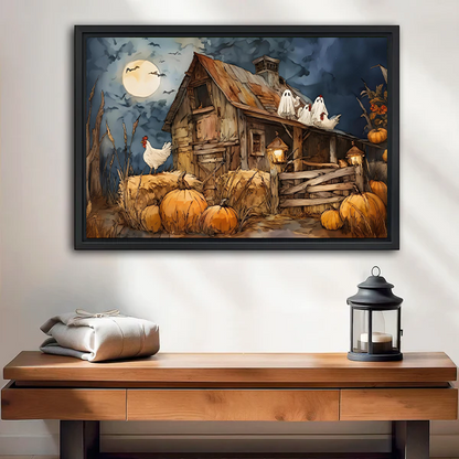 Gallery-wrap Halloween farmhouse canvas wall art shows a moonlit barn, pumpkins, and ghosts above a wooden console.