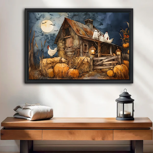 Gallery-wrap Halloween farmhouse canvas wall art shows a moonlit barn, pumpkins, and ghosts above a wooden console.