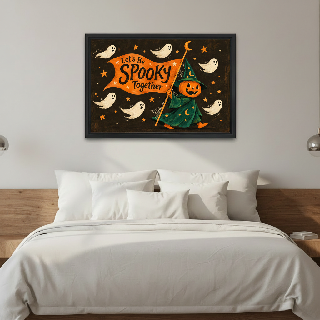 Framed Halloween folk art witch canvas wall art hangs above a neatly made bed in a bright bedroom.