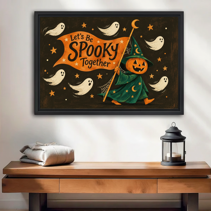 Halloween folk art witch canvas wall art framed above a wooden console with folded textiles and a lantern.