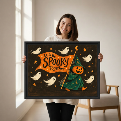 A woman holds framed Halloween folk art witch canvas wall art featuring ghosts, stars, and a pumpkin-headed witch.