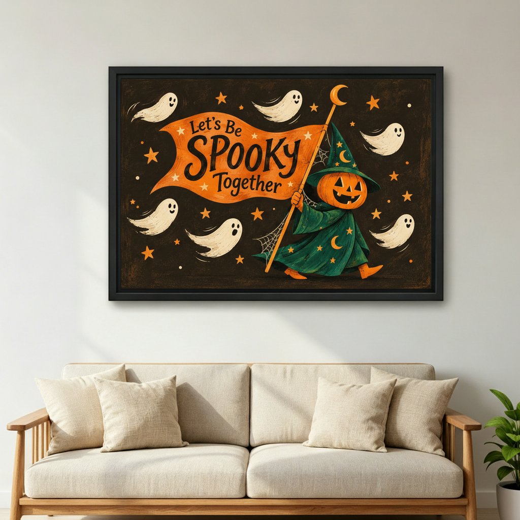 Framed Halloween folk art witch canvas wall art decorates a light living room above a neutral sofa.