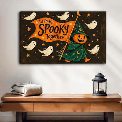 Halloween folk art witch canvas wall art displayed unframed above a wooden console with a lantern.