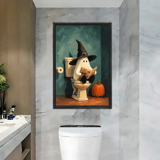 Halloween ghost bathroom canvas wall art with a witch hat, newspaper, and pumpkin displayed above a toilet