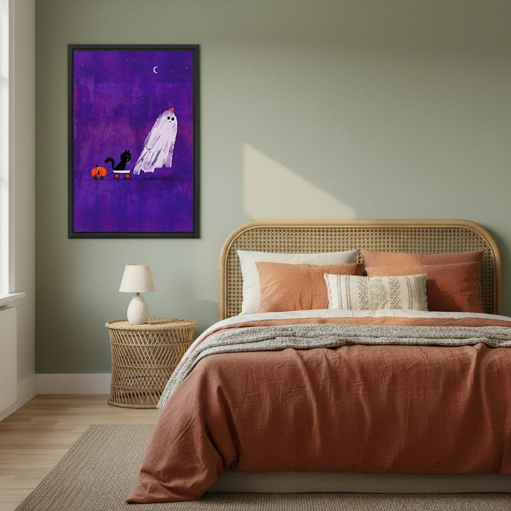 Halloween ghost pumpkin hat black cat orange pumpkin cart purple night sky black framed canvas wall art on sage green wall beside wide rattan arched headboard bed with terracotta linen and round wicker nightstand