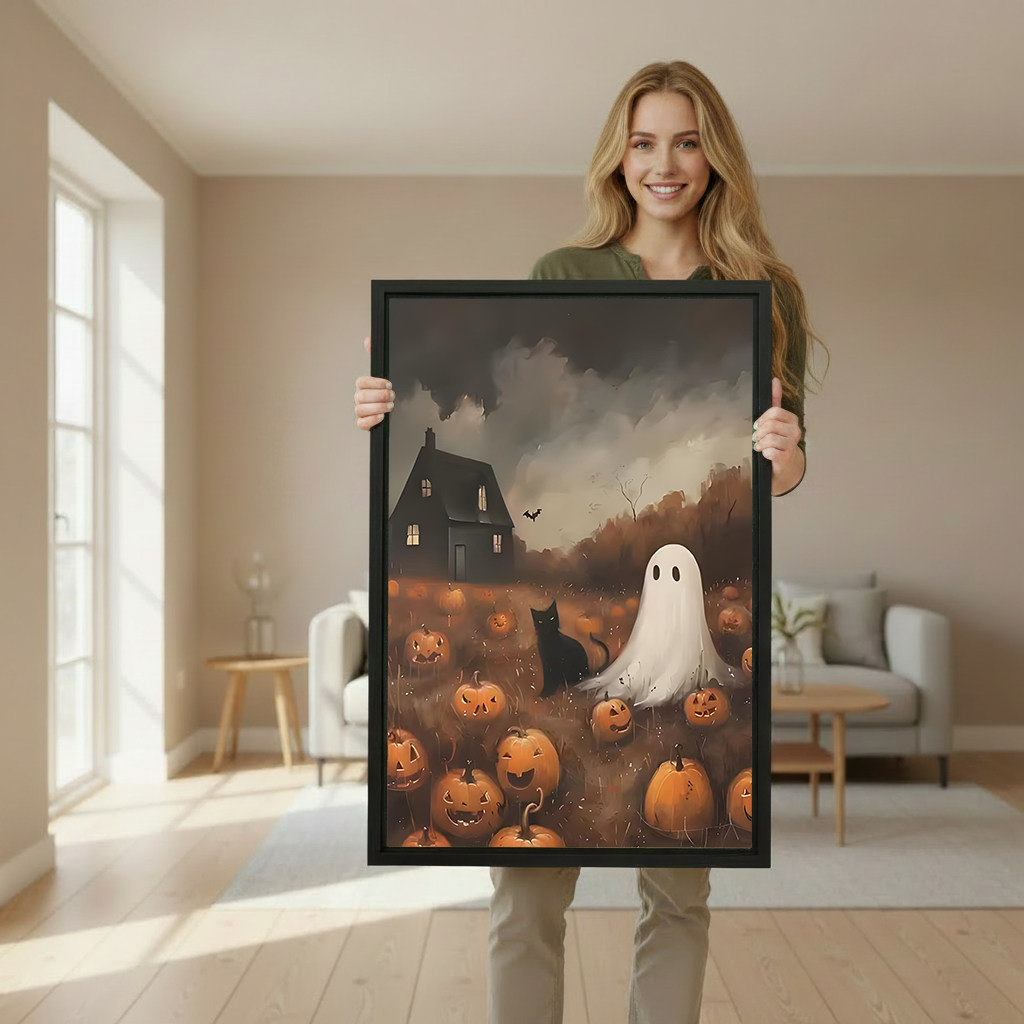 Framed Halloween ghost canvas wall art with black cat and pumpkins above a white desk