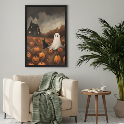 Framed Halloween canvas wall art showing ghost, cat, cottage, and pumpkins in a living room
