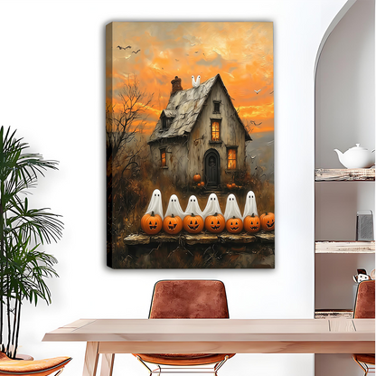 Gallery-wrap Halloween ghost cottage canvas wall art showing glowing windows and jack-o’-lanterns above a dining table.
