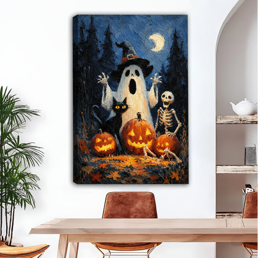  Gallery-wrap Halloween canvas featuring a witch-hat ghost, skeleton, black cat, and jack-o’-lanterns beneath a crescent moon.