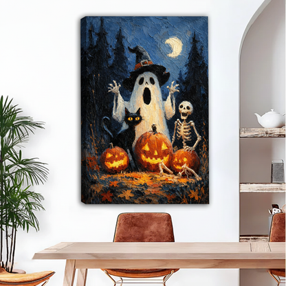  Gallery-wrap Halloween canvas featuring a witch-hat ghost, skeleton, black cat, and jack-o’-lanterns beneath a crescent moon.
