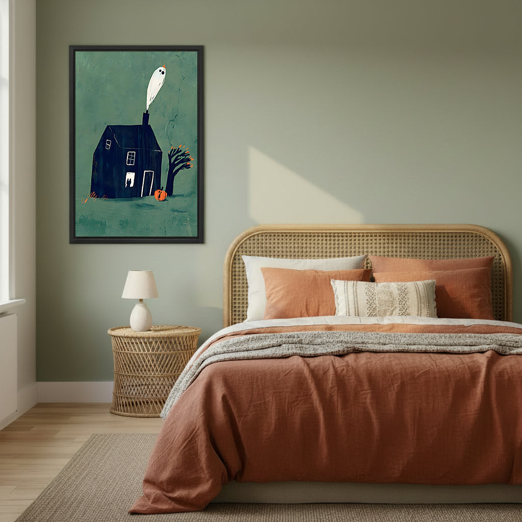 Halloween ghost haunted dark house pumpkin orange berry tree teal black framed canvas wall art on sage green wall beside rattan headboard bed with terracotta linen and wicker round nightstand