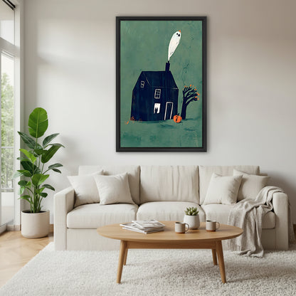 Halloween ghost haunted dark house pumpkin teal black framed canvas wall art above wide cream linen sofa with knit throw wood oval coffee table succulent and ceramic mugs