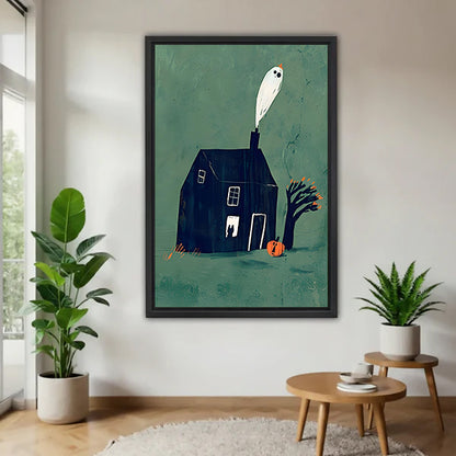 Halloween ghost haunted dark house pumpkin orange berry tree teal black framed canvas wall art on white wall beside wood round table and two green tropical plants