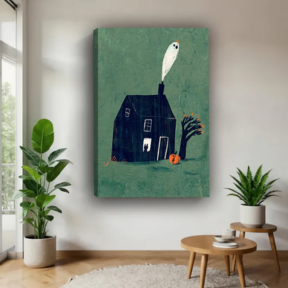 Halloween ghost haunted dark house pumpkin orange berry tree teal gallery wrap canvas wall art on white wall beside wood round side table and twin green potted plants