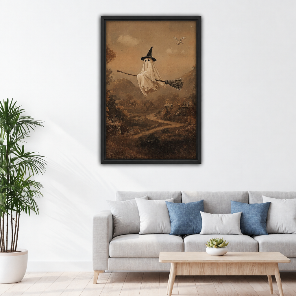 Ghost in black witch hat on broomstick over sepia village landscape framed canvas above grey sofa with blue pillows