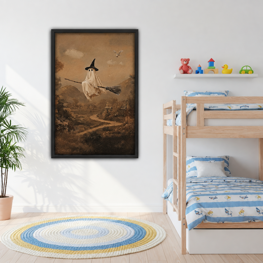 Cute ghost in black pointed witch hat flying on broomstick over moody sepia landscape framed canvas beside kids bunk bed with blue striped bedding