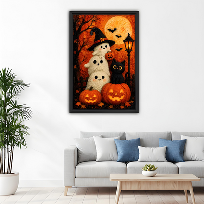 Black-framed Halloween ghosts and black cat canvas wall art with cheerful jack-o'-lanterns displayed beside wooden bunk beds.