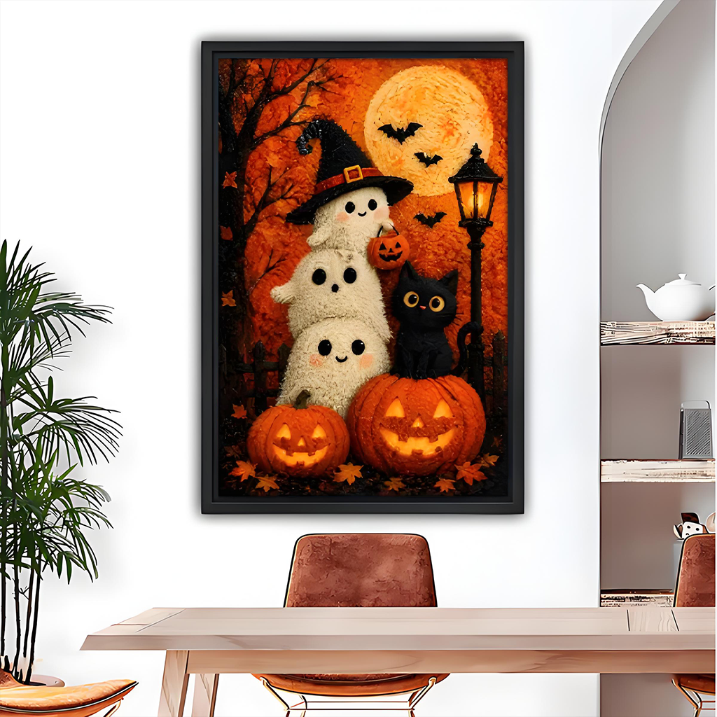 Black-framed Halloween ghosts and black cat canvas wall art with glowing pumpkins displayed above a dining table.