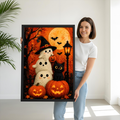 Whimsical Halloween ghosts and black cat canvas wall art in a black frame displayed above a gray sofa.