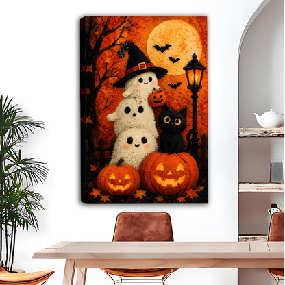 Gallery-wrap Halloween ghosts and black cat canvas wall art featuring three white ghosts and orange pumpkins above a table.