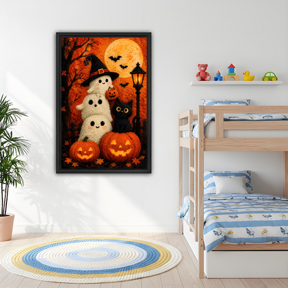 Woman holding framed Halloween ghosts and black cat canvas wall art with three fluffy ghosts beneath a golden moon.