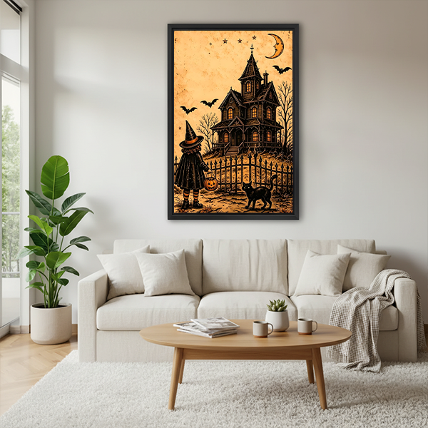 Halloween haunted house canvas wall art in a black frame beside a rattan bed with terracotta bedding.