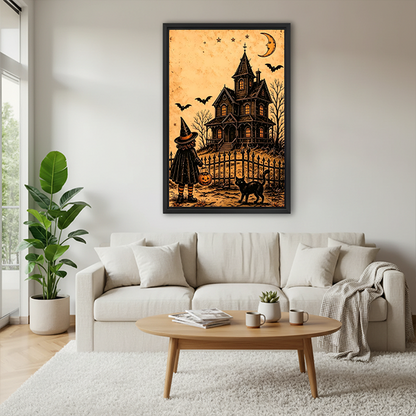 Halloween haunted house canvas wall art in a black frame beside a rattan bed with terracotta bedding.