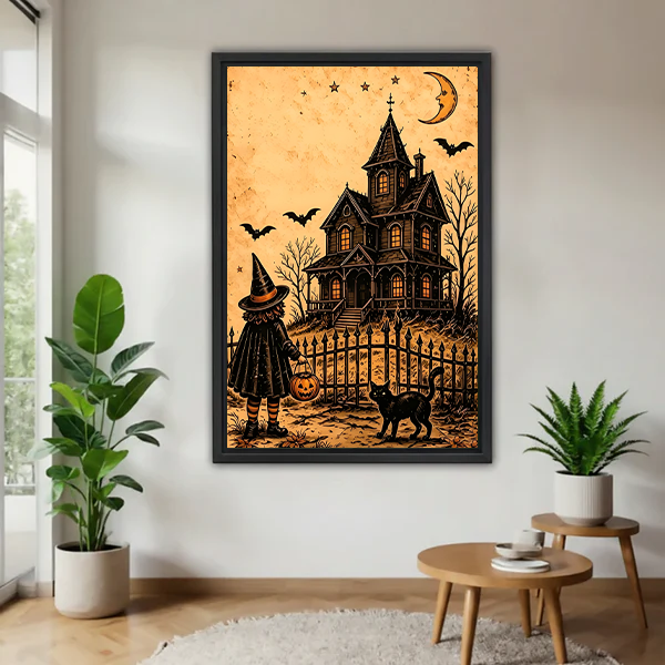 Framed Halloween haunted house canvas wall art with a black cat and crescent moon displayed between houseplants.