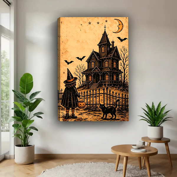Gallery-wrap Halloween haunted house canvas wall art featuring bats, a witch-costumed figure, and a golden-orange sky above wooden tables.