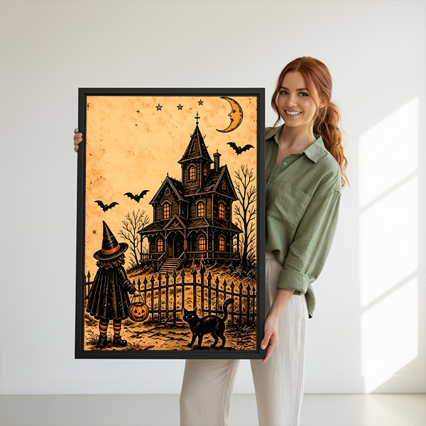 Woman holding framed Halloween haunted house canvas wall art with an iron fence, black cat, and pumpkin bucket.