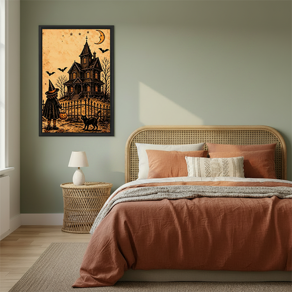 Framed vintage Halloween haunted house canvas wall art with glowing windows and flying bats hanging above a cream sofa.