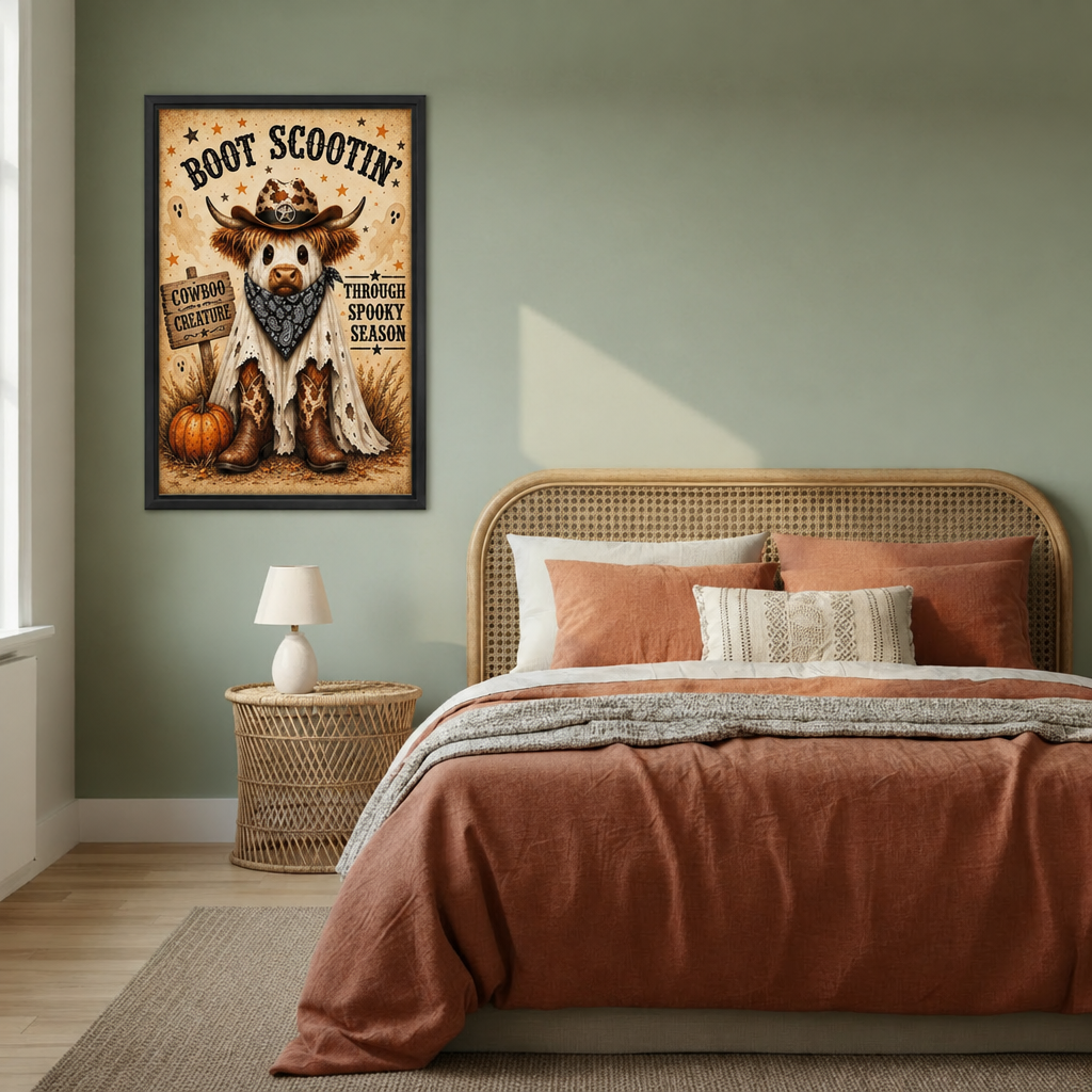 Halloween Highland cow cowboy canvas wall art displayed above a rattan bed in a cozy bedroom