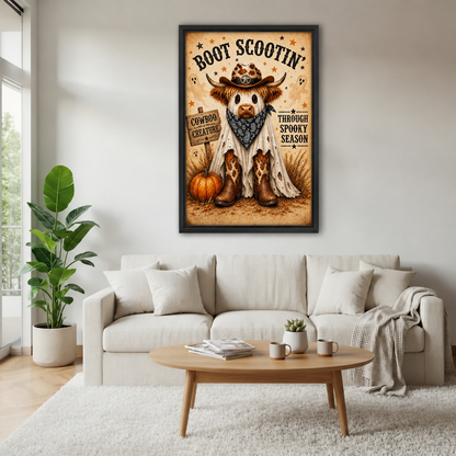 Framed Halloween Highland cow cowboy canvas wall art displayed above a white living room sofa