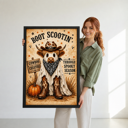 Woman holding large framed Halloween Highland cow cowboy canvas wall art