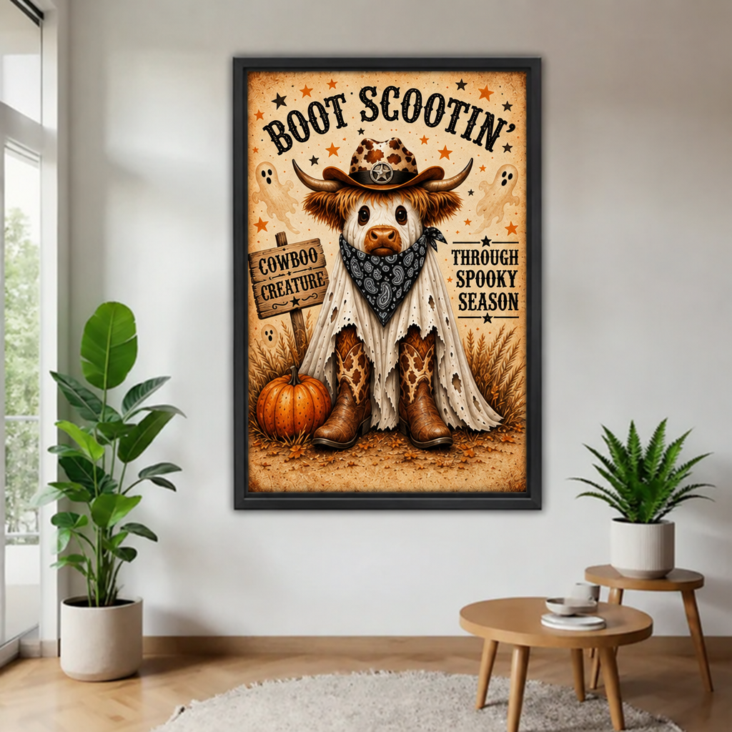Black framed Halloween Highland cow canvas wall art in a bright plant-filled living room