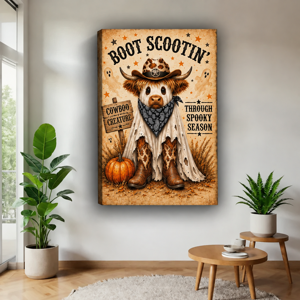 Halloween Highland cow gallery-wrap canvas wall art featuring a ghost cowboy with boots and pumpkin