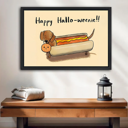 Halloween hot dog canvas wall art held by a smiling woman in a bright modern room